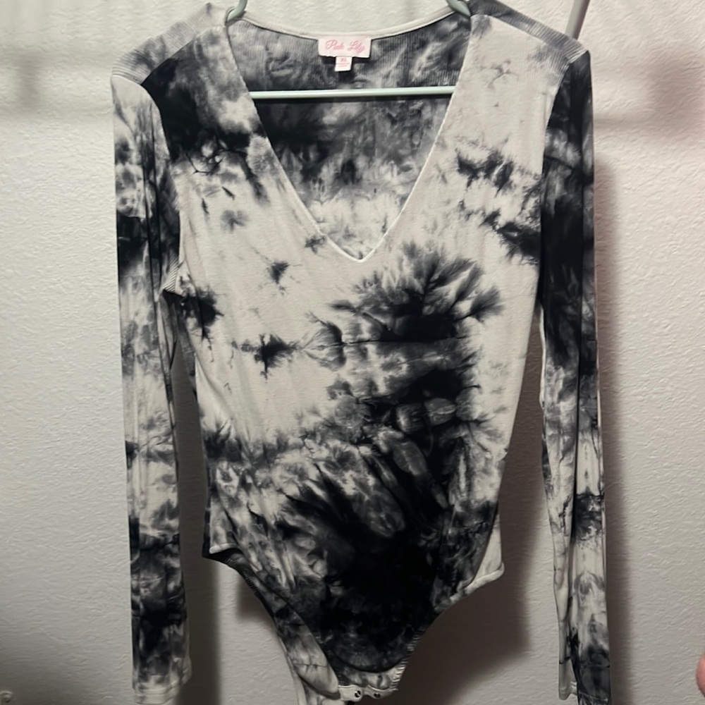 Pink Lily Black and White Tie Dye Ribbed Bodysuit
